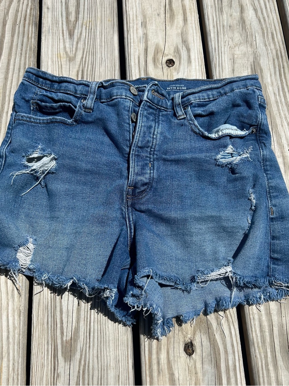 Old Navy‎ Sky Hi A Line Jean Shorts Women's Size 12 Button Fly Cut Off Torn